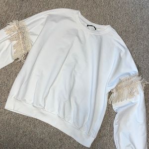 White Long Sleeve Sweatshirt with Fringe Detail